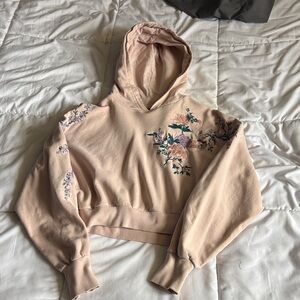 Bershka Blush Cropped Hoodie with Floral Embroidery